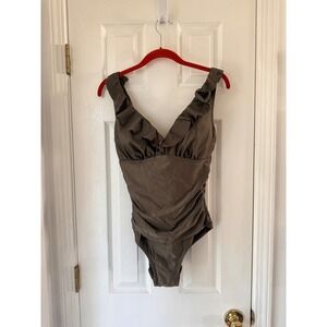 DKNY One Piece Swimsuit Ruched Ruffle V Neck Olive Green Medium